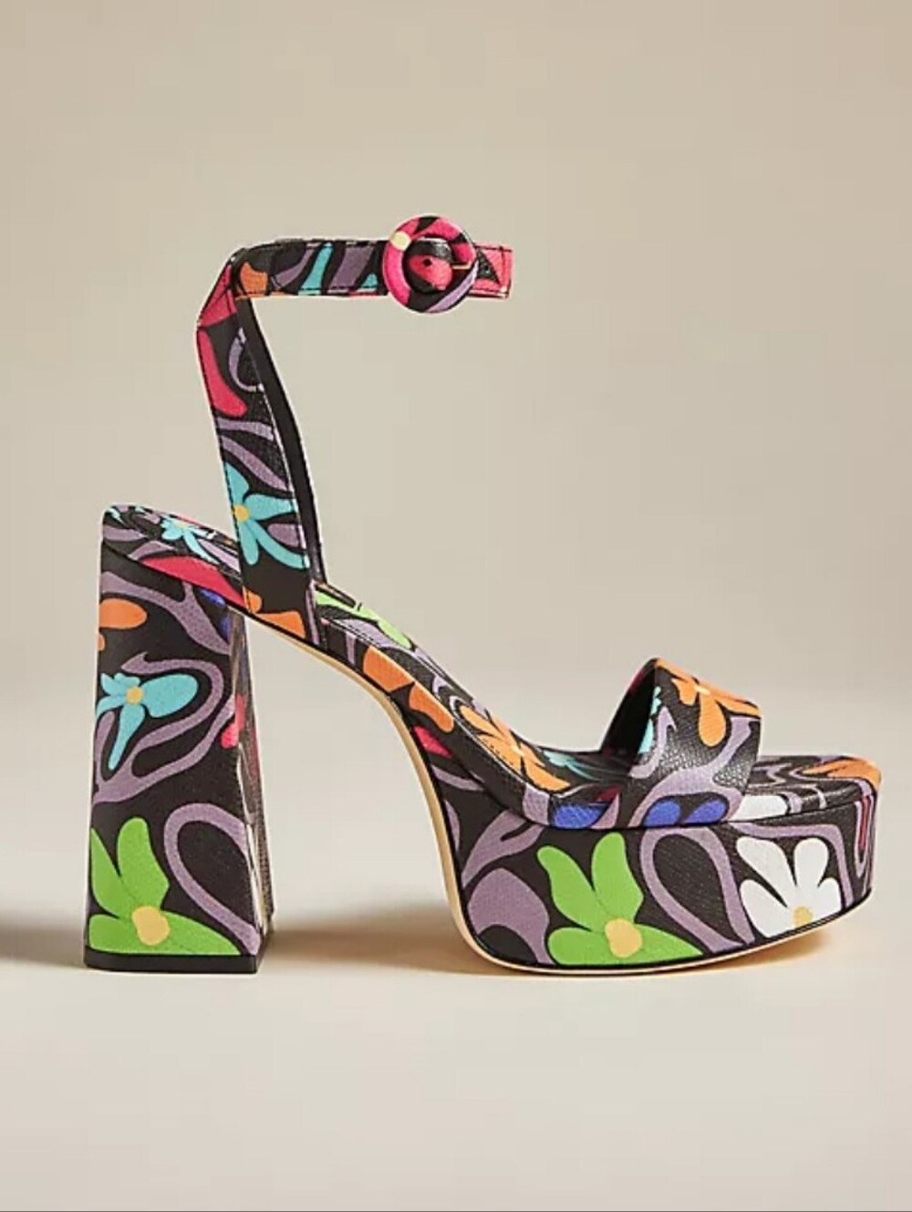 Larroude Dolly Flower Power Black Ankle Strap Platform Sandal 7
